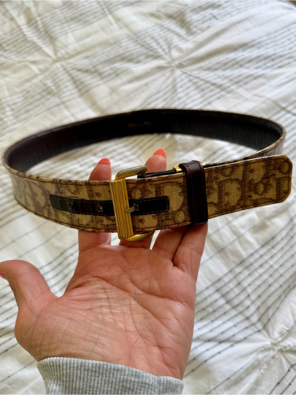 Vintage Dior Trotter Brown Monogram Women’s Belt with Gold Buckle